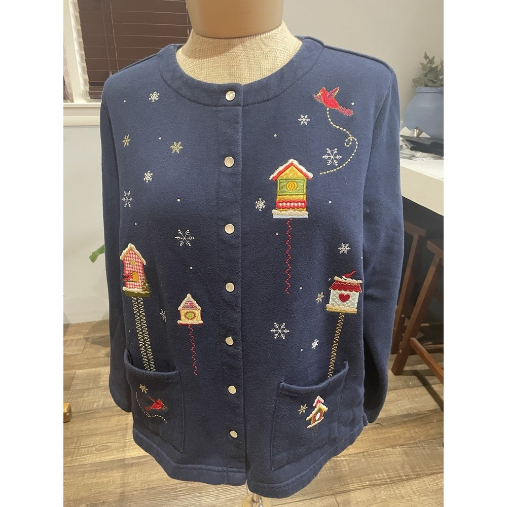 Vtg Embroidered Cardinal Birdhouse Pearl Snap Navy Blue Cardigan Grandma Size PL